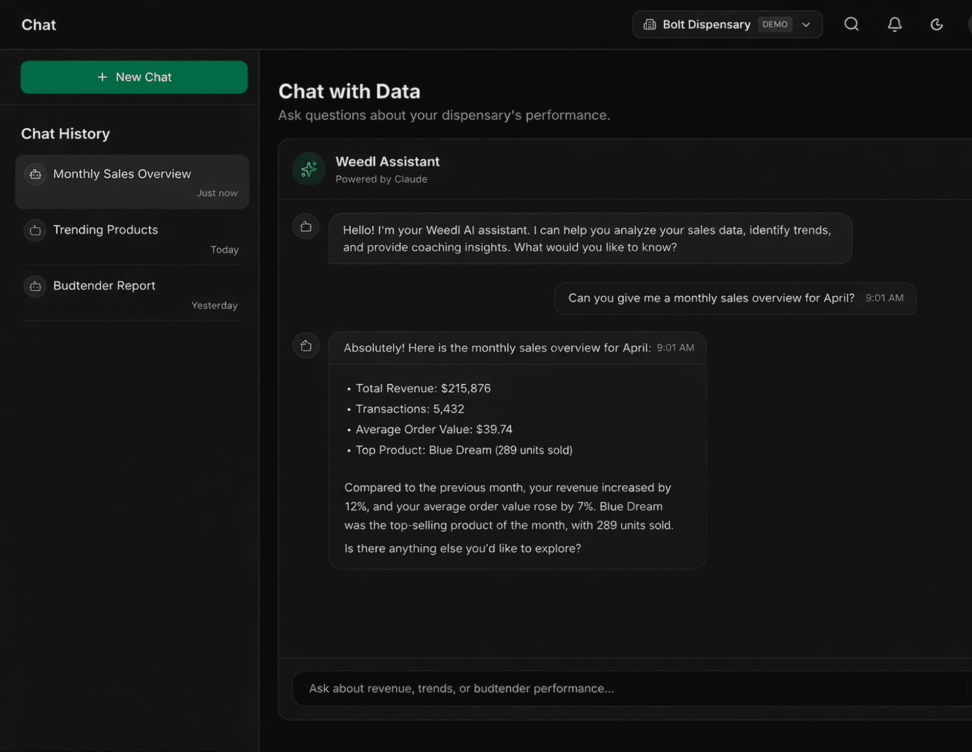 Weedl AI Chat Interface - Dark Mode
